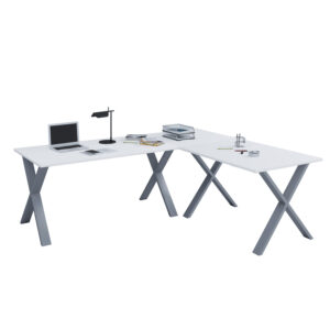 Lona X-feet hjørneskrivebord - hvid træ og sølvgrå metal (220x190x80)
